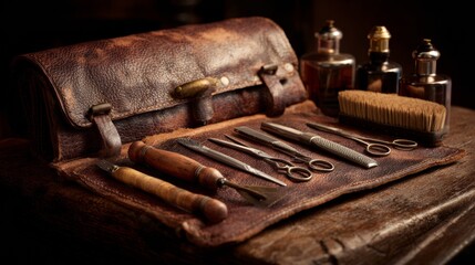 Antique medical tool roll with surgical instruments on wood