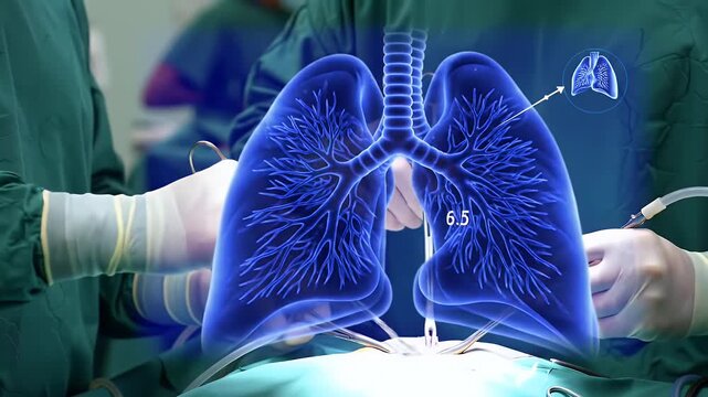 Surgeons Precisely Perform Lung Surgery: A Detailed Visualization of the Procedure with Medical Instruments and X-ray Overlay