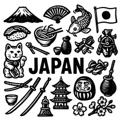 Japanese Culture Icons in Vintage Brush Style – Traditional Japan Elements like Sushi, Samurai, Mount Fuji, Koi Fish, Pagoda, and Sakura – Ink Illustration PNG with Transparent Background