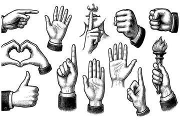 Vintage hand gestures and objects in engraving style, Transparent Background