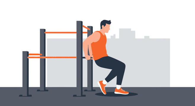 Man Doing Dips On Parallel Bars In A City Park Outdoor Gym Exercise