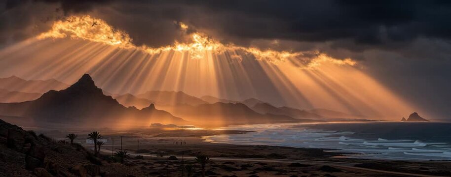 Sunlight rays break through a dramatic cloudy sky, casting golden beams over a breathtaking landscape of distant mountains and a vast ocean