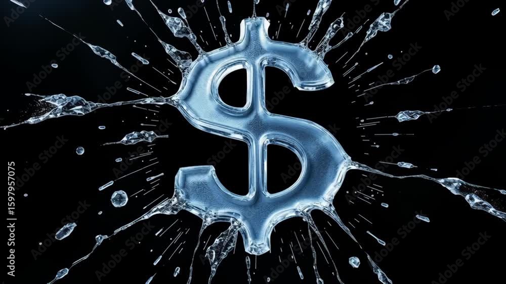Poster dollar decline concept ,dynamic water splash around dollar symbol representing wealth and finance fo