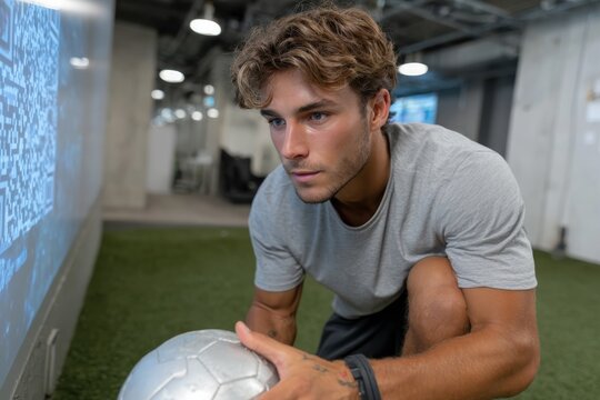 An athlete kneels with a soccer ball, focused on an interactive screen, illustrating a moment of determination and preparation in a modern training environment.