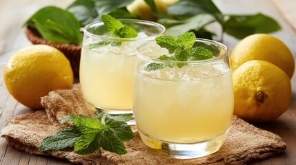 Fresh lemonade served in clear glass beside whole lemons and mint leaves