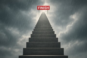Reaching the Pinnacle: A symbolic depiction of ambition, with a monumental staircase leading to a finish line under a dramatic, stormy sky, representing challenge and ultimate achievement.