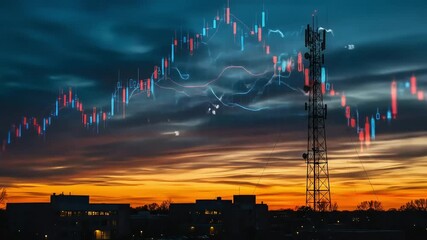 Silhouette of buildings transmission tower against a sunset backdrop overlaid with a financial candlestick chart - Powered by Adobe