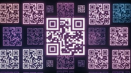 Glowing qr codes in various sizes and colors create a futuristic, technology background. - Powered by Adobe