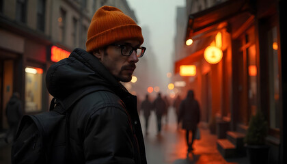 Urban Explorer in Fog: A solitary figure with glasses and beanie, shrouded in the mysterious atmosphere of a misty city street, captured in a medium shot.