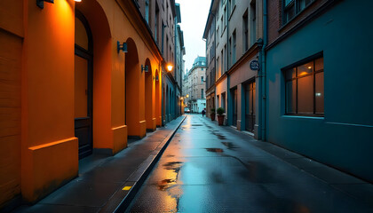 Rainy Street: A picturesque urban lane glistens with rain, framed by buildings, offering a visual journey down an alley on a wet day.