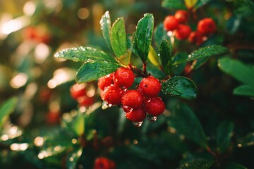 Obraz premium Vibrant red berries glisten with fresh raindrops among lush green leaves, capturing the beauty of nature's detail and the essence of a refreshing, natural scene.