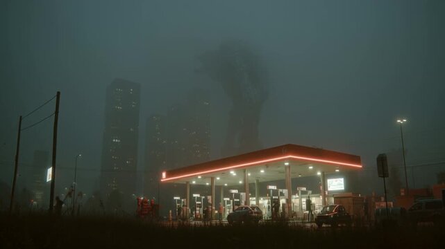 a gas station on the outskirts of the city with the skyline in the deep background and a behemoth lovecraftian monster silhouette barely visible and dissappearing through dense fog looming over the