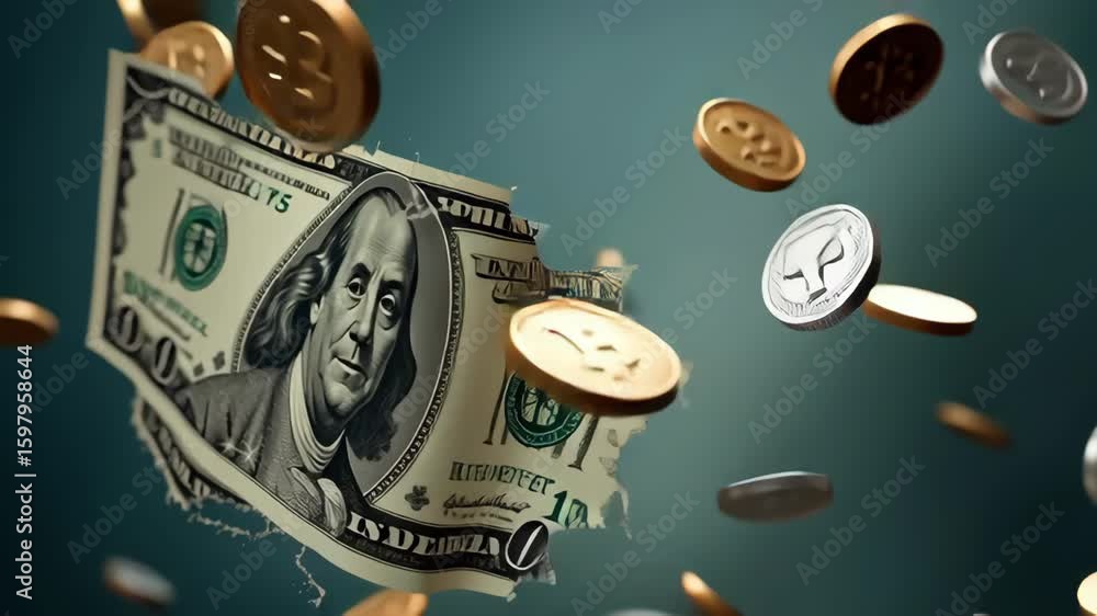 Poster dollar decline concept ,dynamic scene of currency notes and coins showcasing wealth, finance, and ab