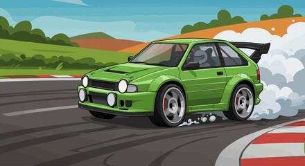 Vector Cartoon Rally Car Drifting and Spinning Out-High-Speed Race Illustration