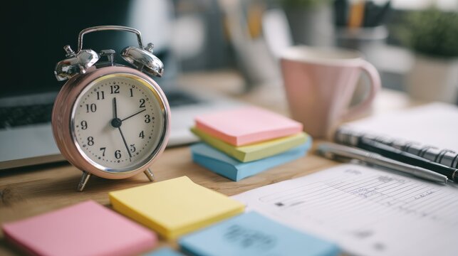 Functional desk layout with time management tools, sticky notes, and productivity clock