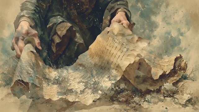 A hand casting a parchment scroll onto the ground the aged vellum mid-fall corners curling as it descends soft dust rising from the earth below faded script barely visible on the worn surface the act
