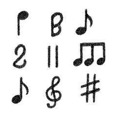 Hand-drawn music notes and symbols in textured sketch style, Transparent Background