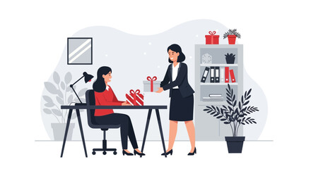 Festive Giving Colleagues Exchanging Gifts In A Modern Office Environment