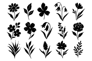 Floral and botanical silhouettes in bold black style, Transparent Background