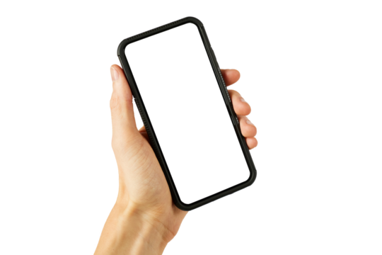 hand holding smartphone with blank touch screen isolated on white or transparent png