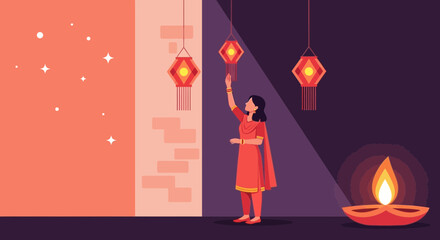 Obraz premium Illustrative Festive Woman Arranging Decorative Lanterns For Diwali Celebration