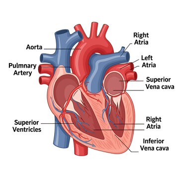 Anatomical illustration of a human heart showing the aorta, pulmonary artery, atria, ventricles, and vena cava.