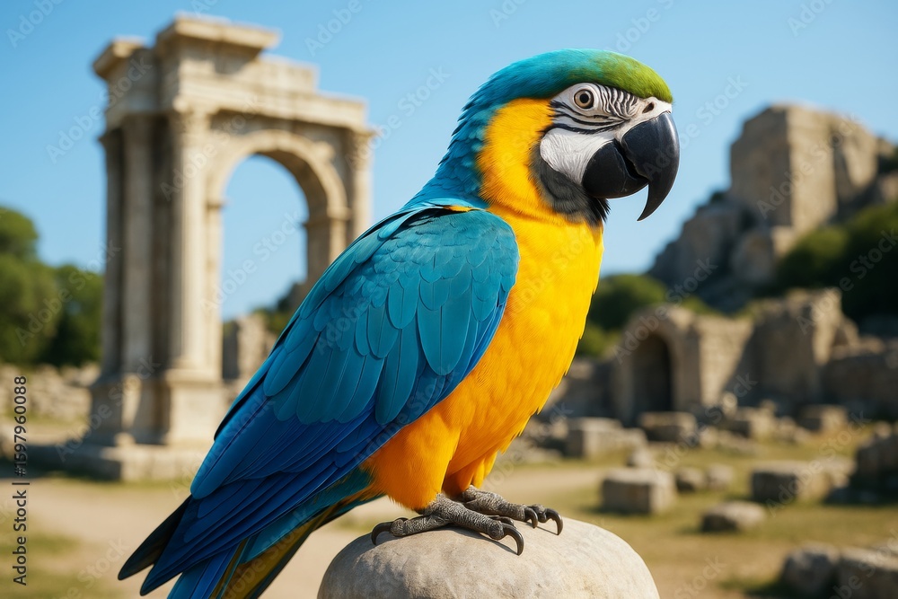 Aufkleber brightly colored parrot perched on stone with ancient ruins and archway in soft background under day