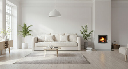 Fototapeta premium Scandinavian Living Room with White and Wood Palette 