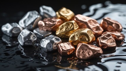 Assorted metallic rocks of gold, silver, and copper colors on a dark reflective surface.