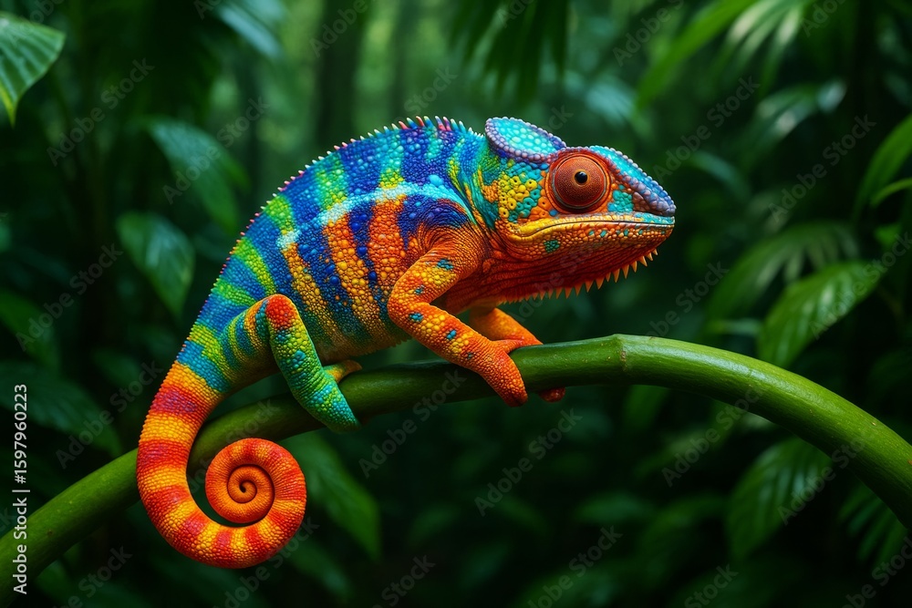 Aufkleber vivid multicolored chameleon perched on a green branch in lush jungle environment with soft natural 