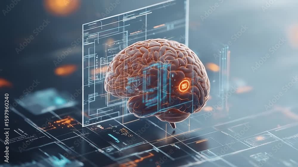 Poster a 3d rendered brain interacts with a digital interface, showcasing neural connections & data flow. t