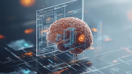 A 3D rendered brain interacts with a digital interface, showcasing neural connections & data flow. The scene glows with orange & blue accents - Powered by Adobe