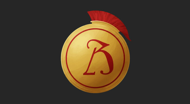 Vector Icon of Spartan Shield-Gold & Red Lambda Symbol Representing Ancient Sparta