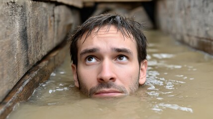 Man's head submerged in muddy water, looking up, confined space, wooden planks.