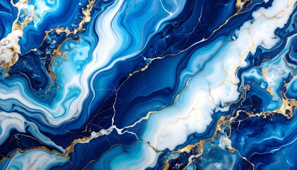 Abstract blue and gold liquid marble texture. Luxurious background with white swirls and elegant golden veins for a modern design.