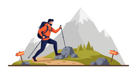 Man Hiking Through Mountain Trail With Backpack And Trekking Poles Illustration