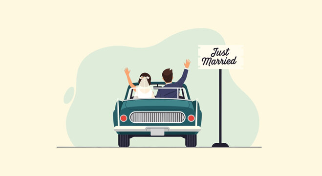 Newly Wed Couple Drives Off In Their Classic Car After Wedding