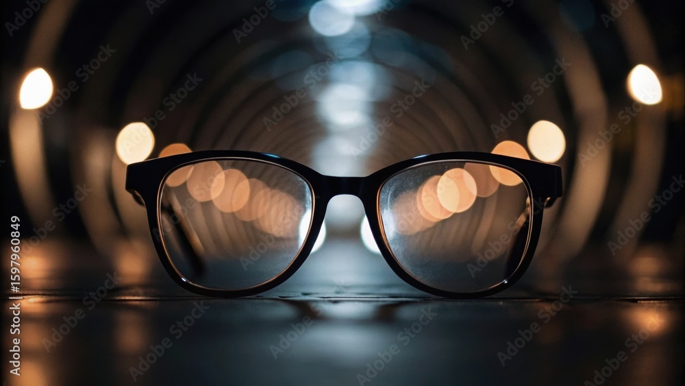 Poster glasses placed on a surface with a blurred tunnel background, featuring soft bokeh lights, creating 