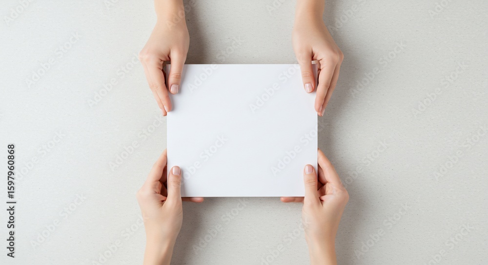 Aufkleber hands hold blank white square paper sheet overhead for message display or graphic design presentatio