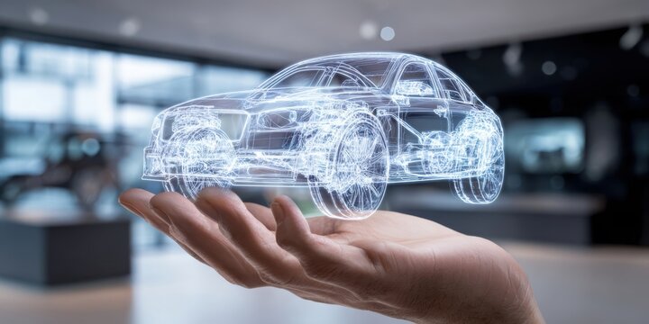 The futuristic car hologram representing innovative automotive design in hand.