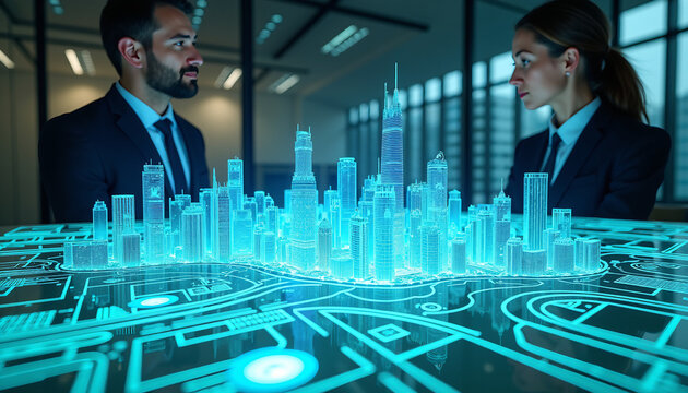 Business Professionals Discussing Futuristic Smart City Project Using Interactive Holographic Display