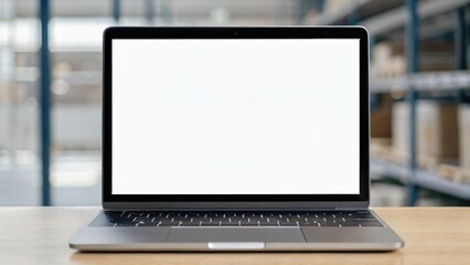 Fototapeta premium A laptop with a blank screen is resting on a wooden surface, set against a blurred background of shelves.
