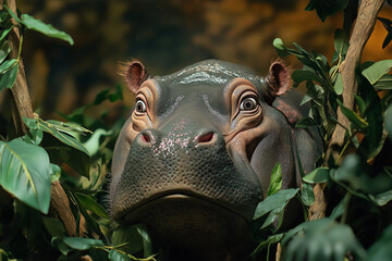 Hippopotamus in the Jungle: A Closeup Portrait Among Greenery and Leaves in Nature