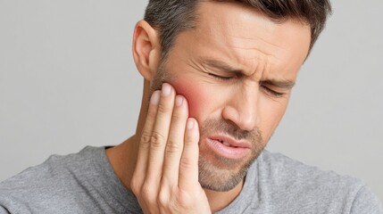 Close-up of man with eyes closed, hand on cheek, indicating toothache or jaw pain, he appears to be in discomfort, from inflammation.
