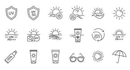 Collection of outline UV protection and sun care icons
