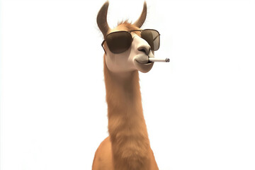 Cool llama wearing sunglasses and cigarette, featuring fashion and chic animal posing stylishly