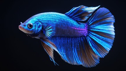 Fototapeta premium Vivid blue Betta fish with flowing fins, detailed scales, and vibrant colors.