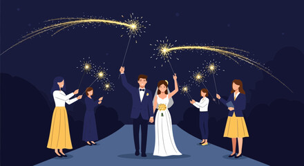 Newlyweds Sparkler Send Off At Joyful Wedding Night Ceremony Celebration