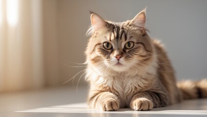 A tabby cat resting on a surface with sunlight streaming in, indoor setting.