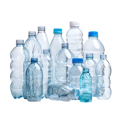 Collection of empty plastic water bottles various sizes and shapes